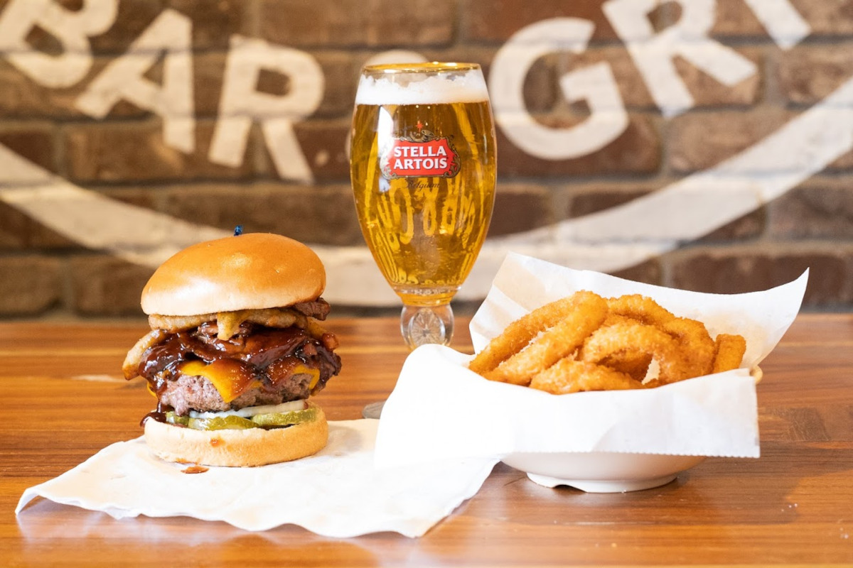 Burger, beer and onion rings